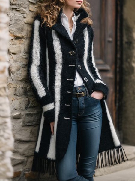 Urban Striped Tassel Lapel Collar Cardigan, Black-white, Cardigans
Urban Striped Tassel Lapel Collar Cardigan, Black-white, Cardigans