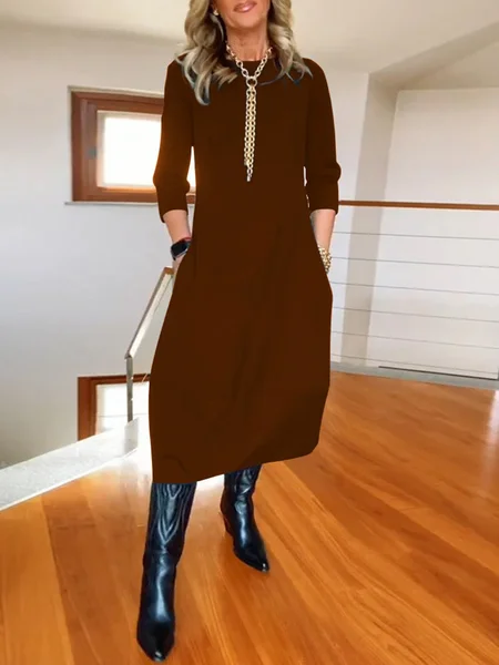 Casual Plain Crew Neck Midi Dress, Brown, Midi Dresses
Casual Plain Crew Neck Midi Dress, Brown, Midi Dresses