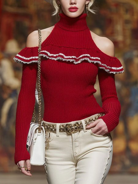 Elegant Color Block Turtleneck Off Shoulder Sleeve Sweater, Red, Pullovers
Elegant Color Block Turtleneck Off Shoulder Sleeve Sweater, Red, Pullovers