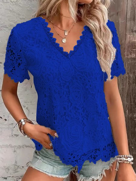 Elegant Lace V Neck Short Sleeve T-shirt, Blue, T-shirts
Elegant Lace V Neck Short Sleeve T-shirt, Blue, T-shirts
