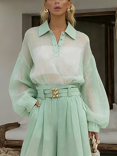 Cotton And Linen Casual Plain Polo Collar Balloon Sleeve Blouse, Green, Blouses and Shirts
Cotton And Linen Casual Plain Polo Collar Balloon Sleeve Blouse, Green, Blouses and Shirts
