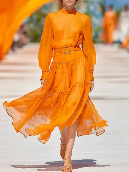 Vacation Plain Gathered Stand Collar Midi Dress With Belt, Orange, Midi Dresses
Vacation Plain Gathered Stand Collar Midi Dress With Belt, Orange, Midi Dresses