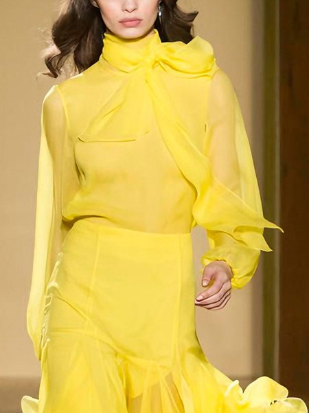 Elegant Plain Bow Mock Neck Balloon Sleeve Shirt, Yellow, Blouses and Shirts
Elegant Plain Bow Mock Neck Balloon Sleeve Shirt, Yellow, Blouses and Shirts