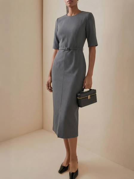 Urban Striped Tencel Fiber Dress With Belt, Deep gray, Midi Dresses
Urban Striped Tencel Fiber Dress With Belt, Deep gray, Midi Dresses