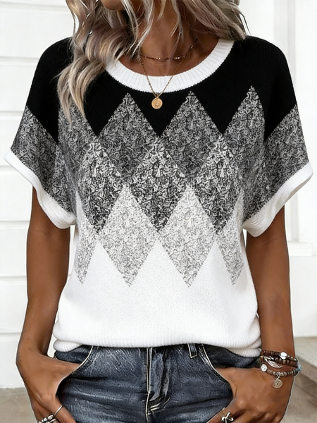 Casual Geometric Crew Neck Short Sleeve T-shirt, Black-white, T-shirts
Casual Geometric Crew Neck Short Sleeve T-shirt, Black-white, T-shirts