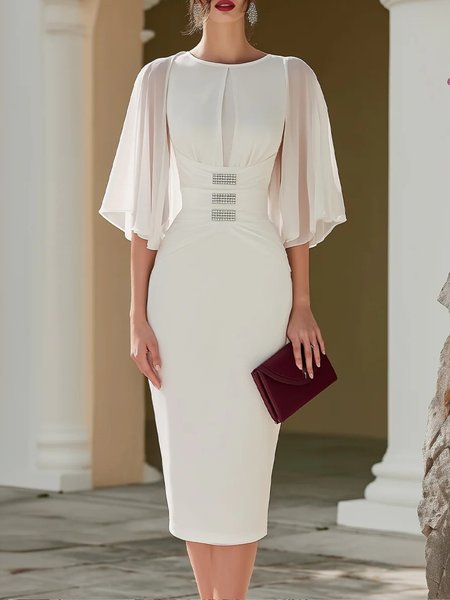 Elegant Plain Three Quarter Sleeve Crew Neck Midi Dress, White, Cocktail Dresses
Elegant Plain Three Quarter Sleeve Crew Neck Midi Dress, White, Cocktail Dresses