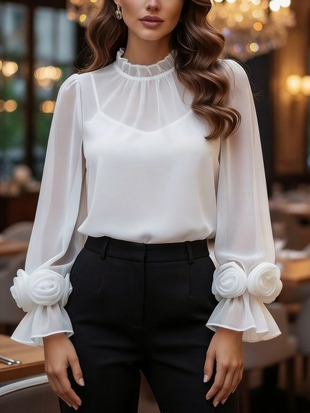 Elegant Plain 3D Floral Stand Collar Blouse, White, Blouses and Shirts
Elegant Plain 3D Floral Stand Collar Blouse, White, Blouses and Shirts