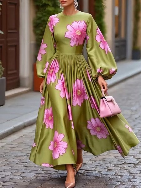 Elegant Floral Balloon Sleeve Printing Crew Neck Maxi Dress, Green, Maxi Dresses
Elegant Floral Balloon Sleeve Printing Crew Neck Maxi Dress, Green, Maxi Dresses