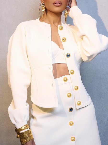 Urban Buttoned Plain Crew Neck Jacket, White, Jackets