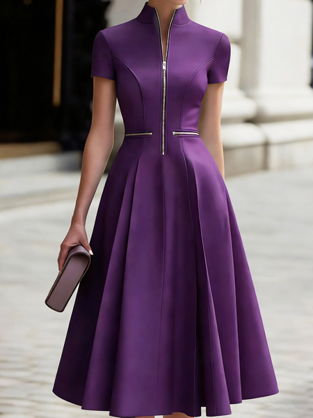 Elegant Plain Stand Collar Midi Dress, Purple, Midi Dresses
Elegant Plain Stand Collar Midi Dress, Purple, Midi Dresses