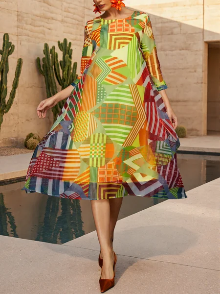 Vibrant Geometric Print Sheer Mesh Midi Dress, Multicolor, Midi Dresses