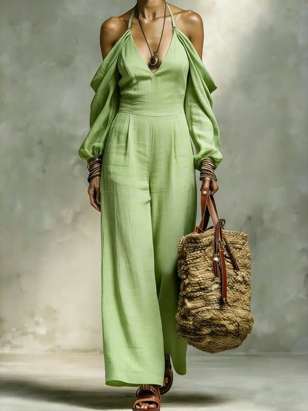 Cotton And Linen Vacation Off Shoulder Sleeve Plain Halter Jumpsuit, Green, Jumpsuits
Cotton And Linen Vacation Off Shoulder Sleeve Plain Halter Jumpsuit, Green, Jumpsuits