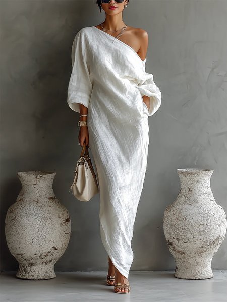 Plus Size Ramie Casual Plain Balloon Sleeve Irregular Craftsmanship Asymmetrical Maxi Dress, White, Plus Dresses
Plus Size Ramie Casual Plain Balloon Sleeve Irregular Craftsmanship Asymmetrical Maxi Dress, White, Plus Dresses
