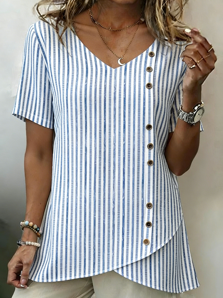 V Neck Short Sleeve Striped Regular Loose Shirt For Women, Blue, T-shirts
V Neck Short Sleeve Striped Regular Loose Shirt For Women, Blue, T-shirts