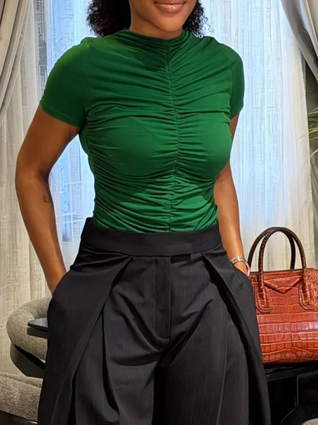 Casual Plain Ruched Crew Neck T-shirt, Green, Tees
Casual Plain Ruched Crew Neck T-shirt, Green, Tees