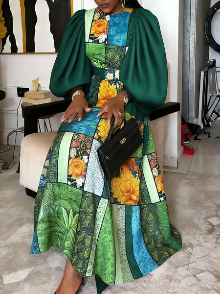 Elegant Floral Puff Sleeve Printing Crew Neck Midi Party Dress, Green, Cocktail Dresses
Elegant Floral Puff Sleeve Printing Crew Neck Midi Party Dress, Green, Cocktail Dresses