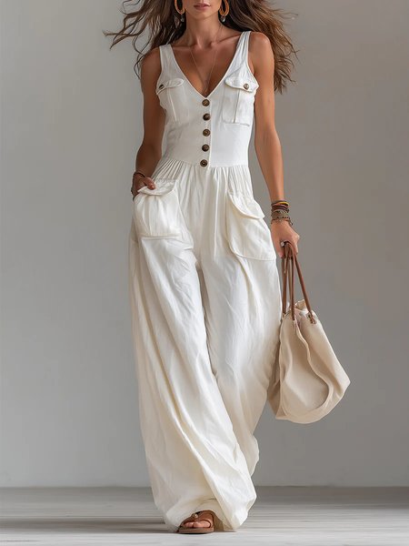 Urban Buttoned Pockets Plain V Neck Jumpsuit, White, Jumpsuits