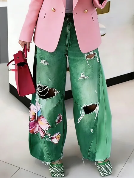 Urban Ripped Wide Leg Pants Loose H-Line Long Trousers for Daily, Green, Jeans
Urban Ripped Wide Leg Pants Loose H-Line Long Trousers for Daily, Green, Jeans