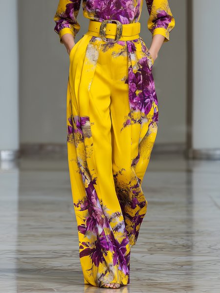Urban Color Block Printing Wide Leg Pants, Yellow, Pants