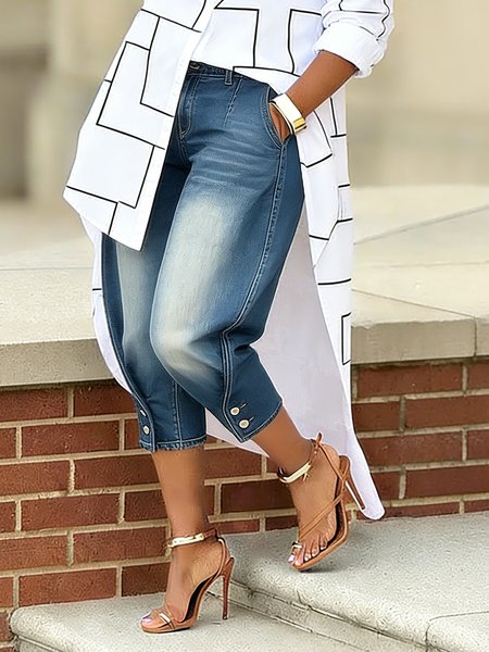 Denim Buttoned Casual Jeans, Blue, Jeans