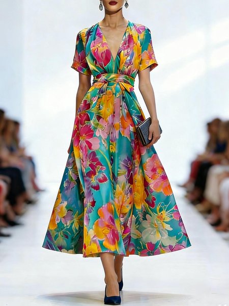 Elegant Floral Printing V Neck Midi Dress, As picture, Midi Dresses
Elegant Floral Printing V Neck Midi Dress, As picture, Midi Dresses
