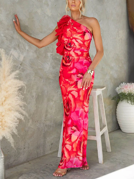Elegant Floral Printing One Shoulder Maxi Dress, Red, Cocktail Dresses
Elegant Floral Printing One Shoulder Maxi Dress, Red, Cocktail Dresses