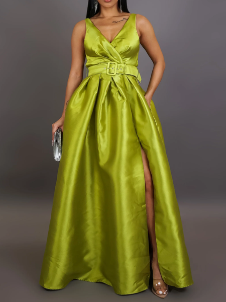 Elegant Plain V Neck Maxi Dress With Belt, Green, Cocktail Dresses
Elegant Plain V Neck Maxi Dress With Belt, Green, Cocktail Dresses