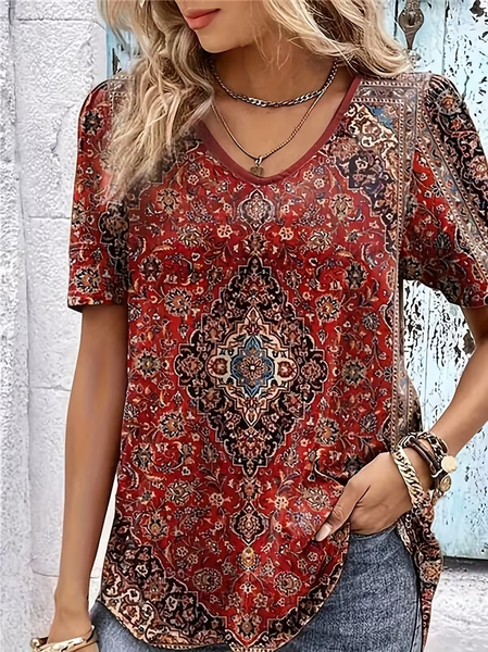 Vintage Ethnic V Neck Short Sleeve T-shirt, Red, T-shirts
Vintage Ethnic V Neck Short Sleeve T-shirt, Red, T-shirts