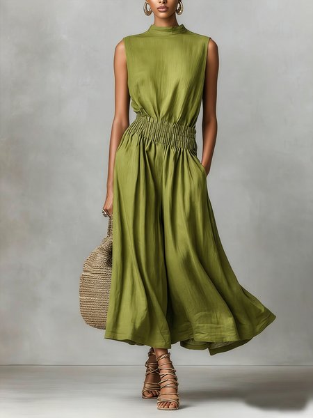 Cotton And Linen Urban Plain Scramble Stand Collar Midi Dress, Green, Maxi Dresses
Cotton And Linen Urban Plain Scramble Stand Collar Midi Dress, Green, Maxi Dresses