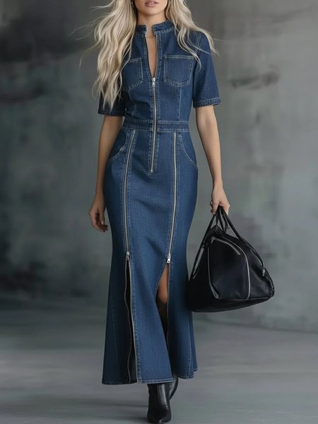 Denim Casual Plain Zipper Stand Collar Maxi Dress, Blue, Maxi Dresses
Denim Casual Plain Zipper Stand Collar Maxi Dress, Blue, Maxi Dresses