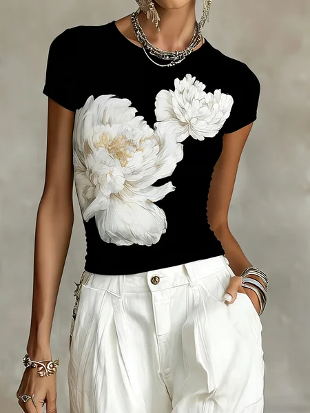 Casual Floral Crew Neck T-shirt, As picture, Tees
Casual Floral Crew Neck T-shirt, As picture, Tees