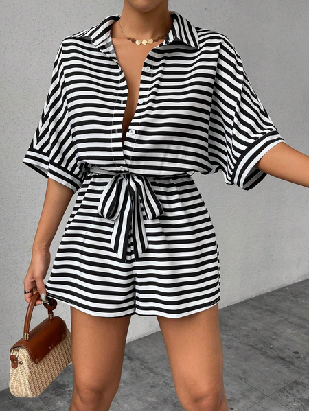 Women Striped Shawl Collar Short Sleeve Casual Summer Jumpsuit, Black, Jumpsuits&Rompers
Women Striped Shawl Collar Short Sleeve Casual Summer Jumpsuit, Black, Jumpsuits&Rompers