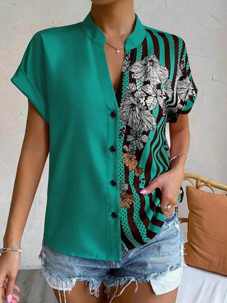 V Neck Short Sleeve Striped Regular Loose Shirt For Women, Green, Shirts
V Neck Short Sleeve Striped Regular Loose Shirt For Women, Green, Shirts