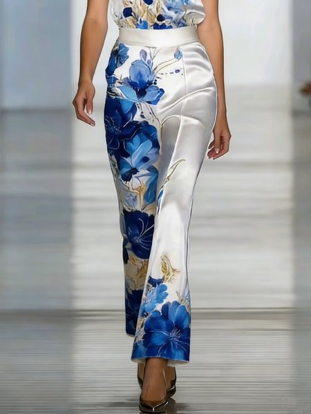Satin Elegant Floral Printing Straight Pants, White, Pants
Satin Elegant Floral Printing Straight Pants, White, Pants