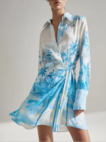 Vacation Coconut Tree Printing Shawl Collar Mini Dress, Blue, Mini Dresses
Vacation Coconut Tree Printing Shawl Collar Mini Dress, Blue, Mini Dresses