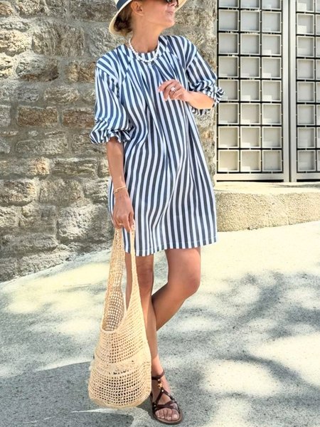 Vacation Striped Puff Sleeve Printing Crew Neck Mini Dress, Blue, Mini Dresses
Vacation Striped Puff Sleeve Printing Crew Neck Mini Dress, Blue, Mini Dresses