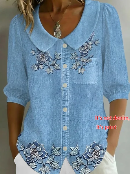 Women Floral Shawl Collar Half Sleeve Shirt Printing Casual Daily Summer Top, Blue, Shirts
Women Floral Shawl Collar Half Sleeve Shirt Printing Casual Daily Summer Top, Blue, Shirts
