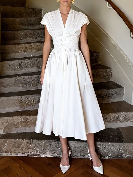Urban Plain Grommets V Neck Midi Dress, White, Midi Dresses
Urban Plain Grommets V Neck Midi Dress, White, Midi Dresses