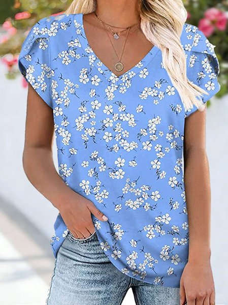 Casual Floral V Neck Short Sleeve T-shirt, Blue, T-shirts
Casual Floral V Neck Short Sleeve T-shirt, Blue, T-shirts