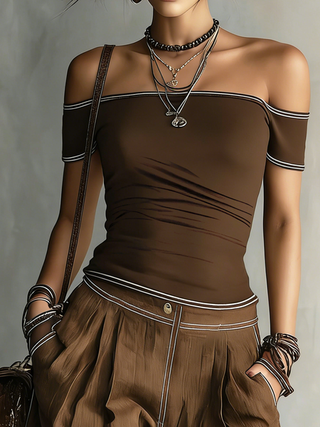 Casual Color Block Cold Shoulder T-shirt, Brown, Tees
Casual Color Block Cold Shoulder T-shirt, Brown, Tees