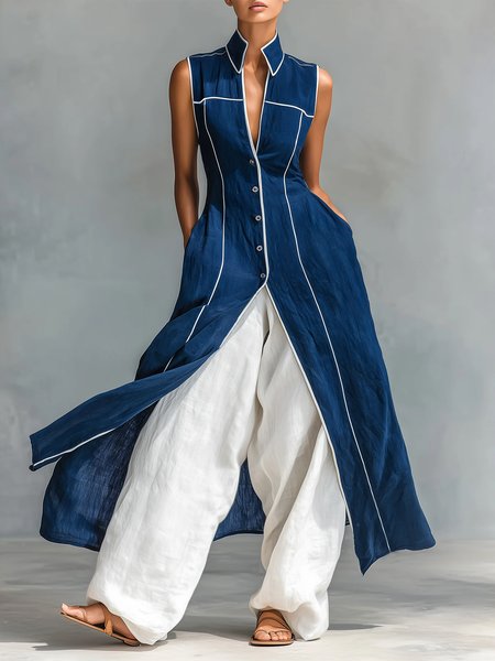 Cotton And Linen Casual Color Block Piping Stand Collar Shirt, Blue, Blouses and Shirts
Cotton And Linen Casual Color Block Piping Stand Collar Shirt, Blue, Blouses and Shirts