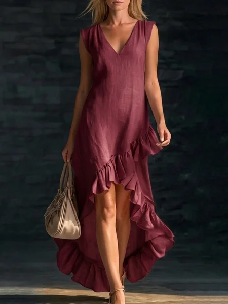Women Plain Summer Dress V Neck Sleeveless Ruffle Skirt A-Line Dress, Wine red, Dresses
Women Plain Summer Dress V Neck Sleeveless Ruffle Skirt A-Line Dress, Wine red, Dresses