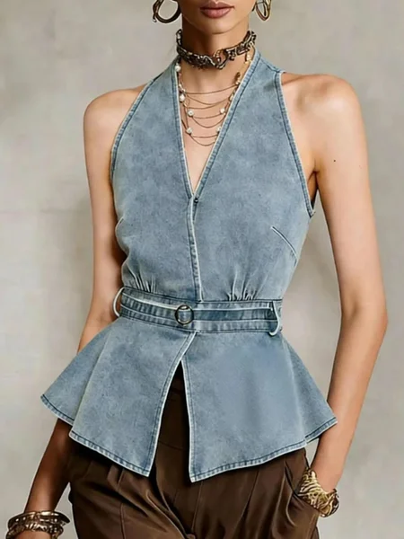 Urban Plain Halter Denim Top Belt, Denim blue, Tops
Urban Plain Halter Denim Top Belt, Denim blue, Tops