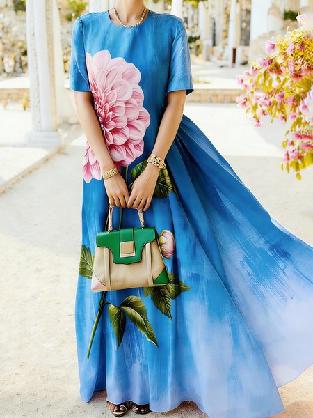 Elegant Floral Printing Crew Neck Maxi Dress, Blue, Maxi Dresses
Elegant Floral Printing Crew Neck Maxi Dress, Blue, Maxi Dresses