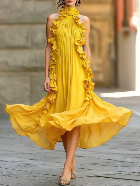 Elegant Plain Peplum Halter Midi Dress, Yellow, Midi Dresses
Elegant Plain Peplum Halter Midi Dress, Yellow, Midi Dresses
