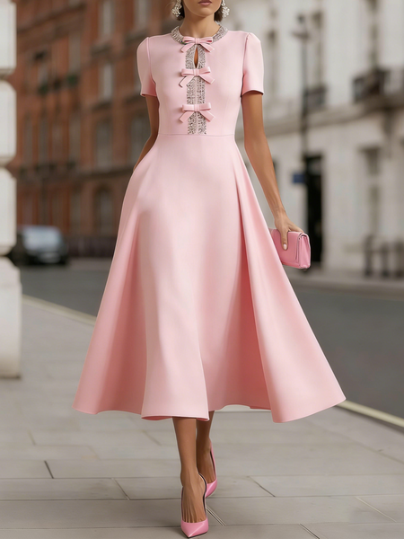 Elegant Plain Crew Neck Midi Dress, Pink, Cocktail Dresses
Elegant Plain Crew Neck Midi Dress, Pink, Cocktail Dresses