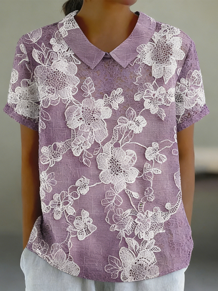 Shawl Collar Short Sleeve Floral Regular Loose Shirt For Women, Purple, Shirts
Shawl Collar Short Sleeve Floral Regular Loose Shirt For Women, Purple, Shirts