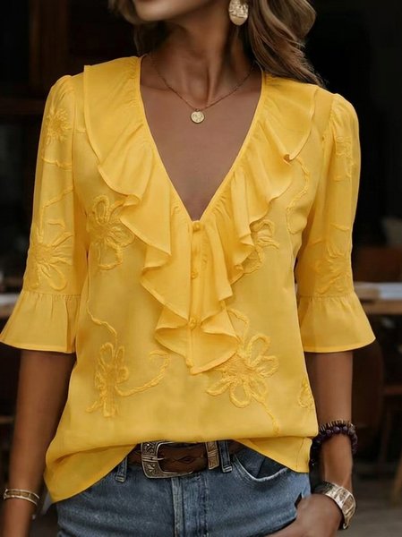 V Neck Three Quarter Sleeve Floral Regular Regular Fit Blouse For Women, Yellow, Blouses
V Neck Three Quarter Sleeve Floral Regular Regular Fit Blouse For Women, Yellow, Blouses