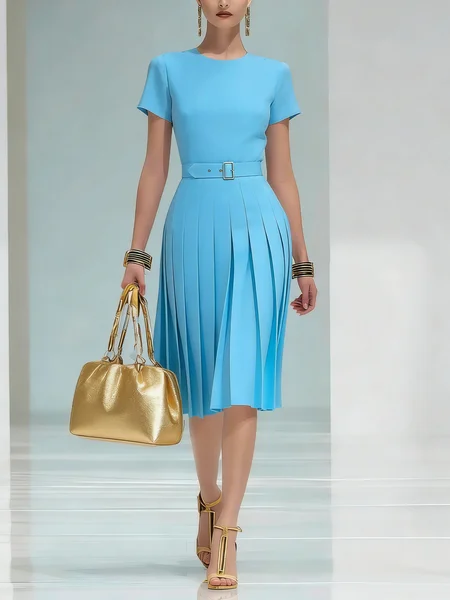 Urban Plain Pleated Crew Neck Midi Dress With Belt, Blue, Midi Dresses
Urban Plain Pleated Crew Neck Midi Dress With Belt, Blue, Midi Dresses