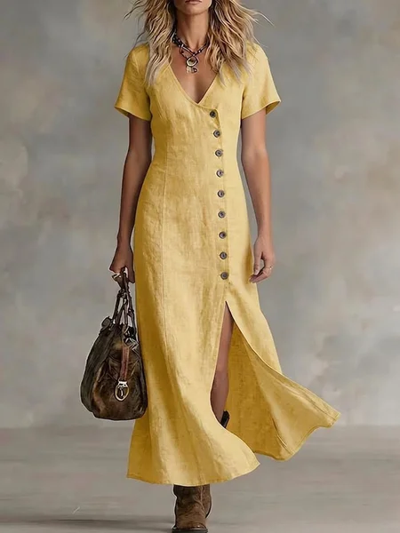 Women Plain Summer Dress V Neck Short Sleeve Fit & Flare Dress A-Line Dress, Yellow, Dresses
Women Plain Summer Dress V Neck Short Sleeve Fit & Flare Dress A-Line Dress, Yellow, Dresses